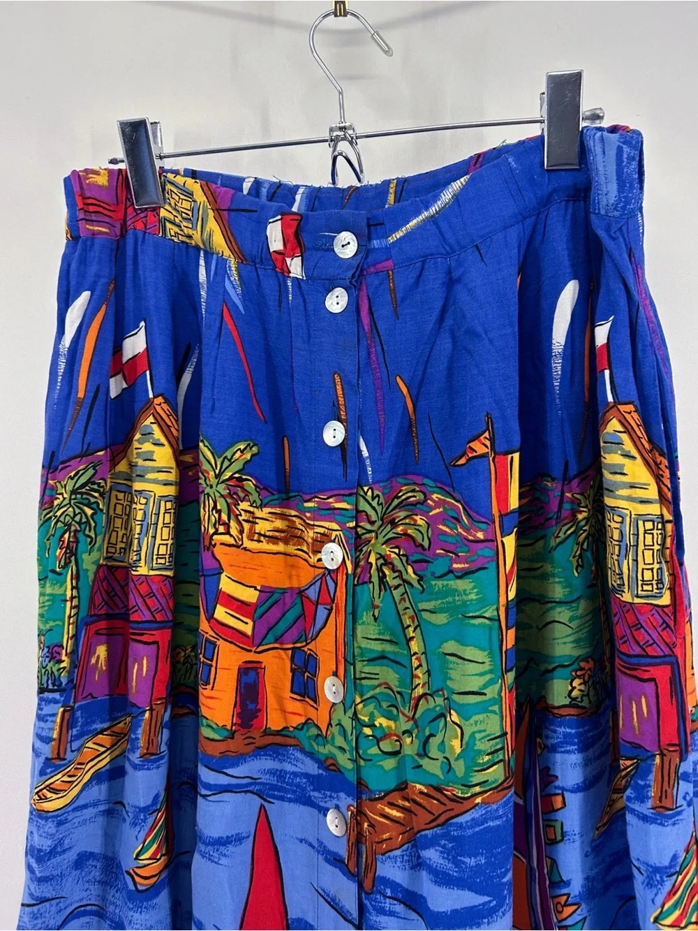 Vintage Handmade Blue Boat Ship Print Button Front Midi Skirt